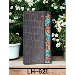 Ladies Country Western Faux Gator Pattern Floral‎ Edge Bifold Rodeo Wallet Brown